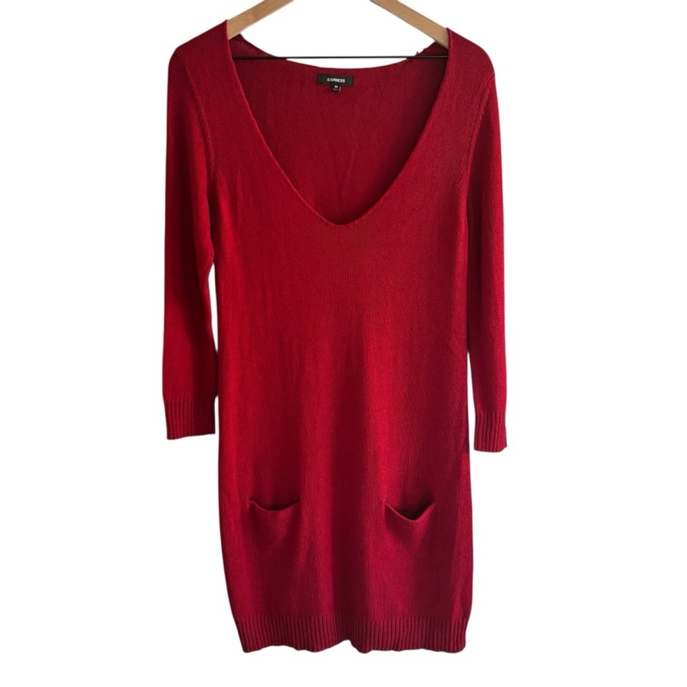 Express Wool Blend Sweater Dress Medium Red Pullover 3/4 Sleeve Pockets Stretch